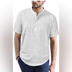 Bayamo Men's Linen Blend Henley White Striped Shirt